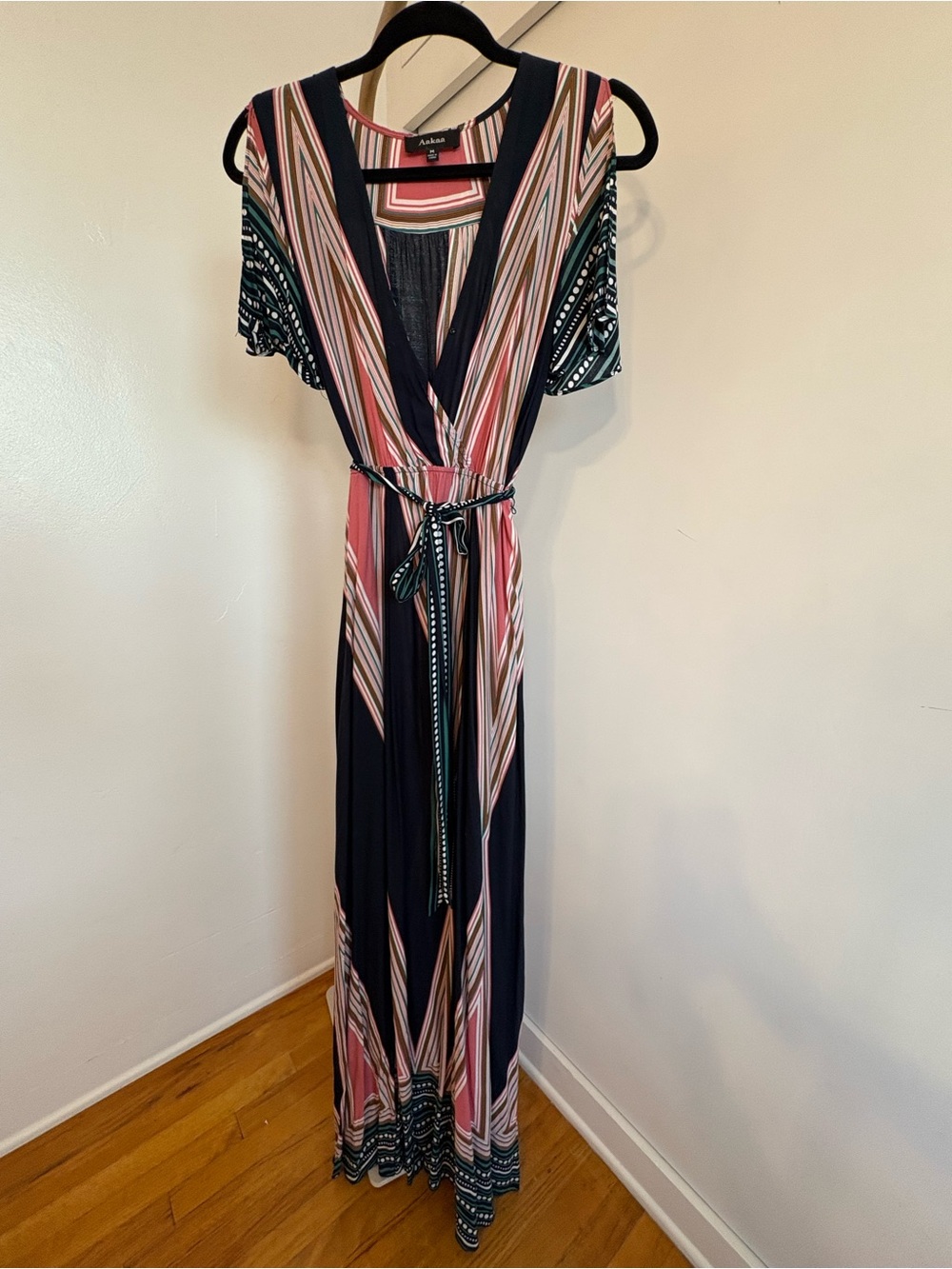 Aakaa Navy, Pink & Cream Striped Wrap Maxi Dress